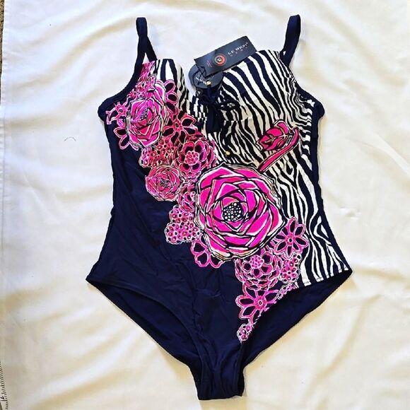 LE BESSI Navy and Pink Floral One Piece Swimsuit Sizr 50(See Meassurments) - Picture 1 of 10